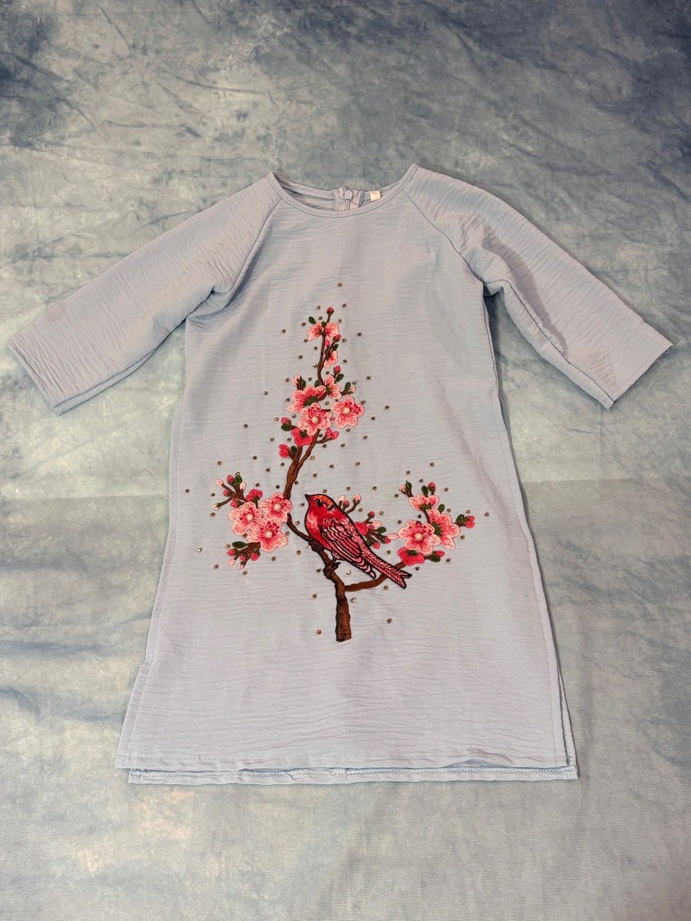 Girls Size 5 Blue Embroidered Bird & Cherry Blossom Dress Ao Dai Vietnamese